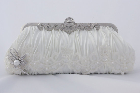 Wedding - White Lace Bridal Clutch Bag with Lace, Pearls, and Sequins, Crystal Brooch - Wedding Handbag Satin Lace Bridal Clutch White Evening Clutch