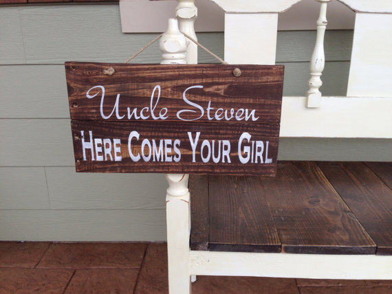 Hochzeit - Custom Reclaimed Wood Hand Painted Ring Bearer Sign Wedding Sign "Uncle...Here Comes Your Girl" with twine