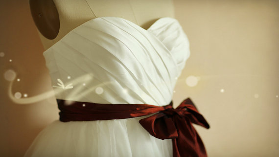 Wedding - Vintage Inspired Ivory Taffeta Tulle Wedding Dress/Bridesmaid Dress Knee Length Strapless Sweetheart with Plum Sash Belt
