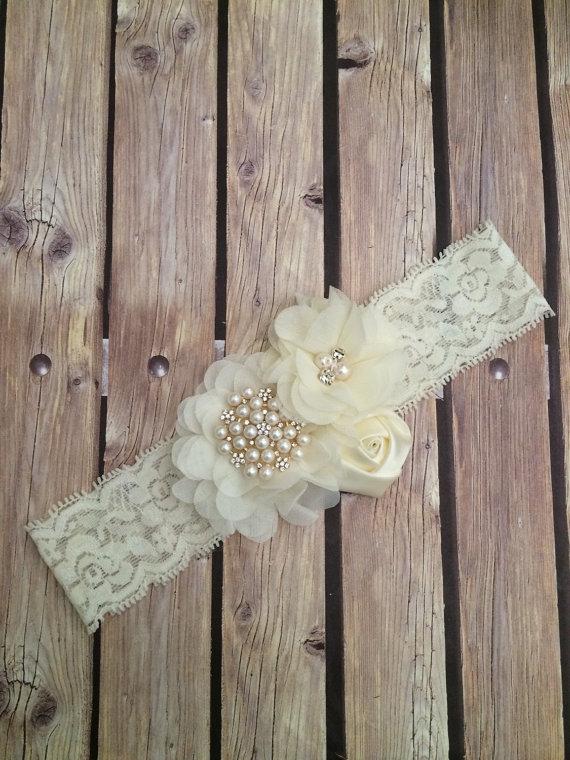 زفاف - Lace floral headband, lace headband, vintage headband, ivory headband, ivory lace headband, flower girl