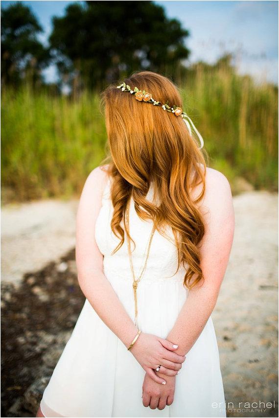 Wedding - Peach Rose Bohemian Halo, Floral Crown, Flower Crown. Woodland, Wedding. spring, plum, teal, yellow, Hair Accessories, Bridesmaids