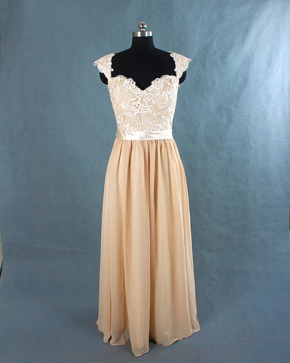 Hochzeit - Champagne Long Lace Bridesmaid Dress Chiffon Dress With cap sleeves and open back prom dress