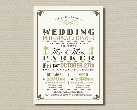 Mariage - Printable Rehearsal Dinner Invitation - Vintage Poster Gold and Olive on aged background (RD05)