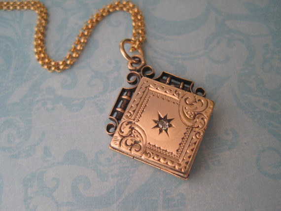 Hochzeit - Antique Locket, Diamond Watch Fob Locket with Fancy Swirls, Gold Filled, Wedding Locket, Gift for Her, Bridal Jewelry