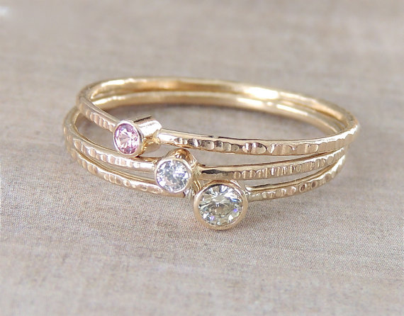 Hochzeit - Birthstone Ring Set, Gold Moissanite Ring, Delicate Gold Ring, Gemstone Ring set, Stackable Rings, Birthstone Jewelry, Tiny White Gold Ring