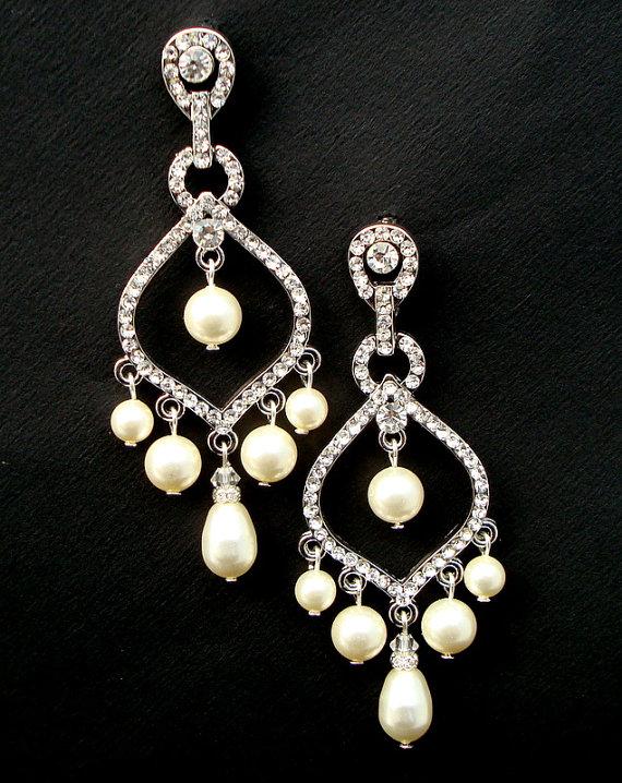 Wedding - Bridal Pearl and Rhinestone Earrings,Ivory or White Pearls,Wedding Pearl Earrings,Chandelier Earrings,Statement Bridal Earrings,Pearl,EMILIE