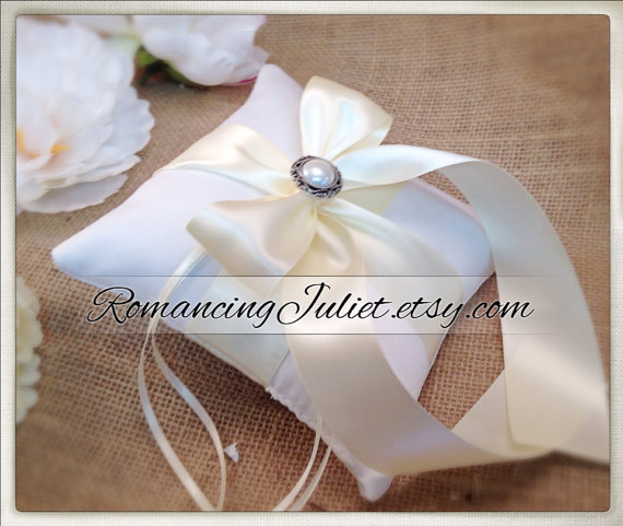 Mariage - Romantic Satin Mini Ring Bearer Pillow with Classic Pearl Accent...You Choose the Colors...BOGO Half Off... shown in white/ivory