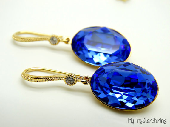 Wedding - Blue Sapphire Earrings Oval Swarovski Crystal Royal Blue Earrings Cubic Zirconia Gold Earrings Bridal Earrings Bridesmaid Blue Jewelry
