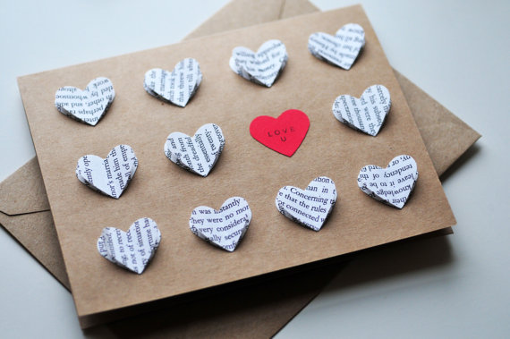 Hochzeit - Blank Card, Love U, Love You Card, Kraft, Book Pages, Red Heart