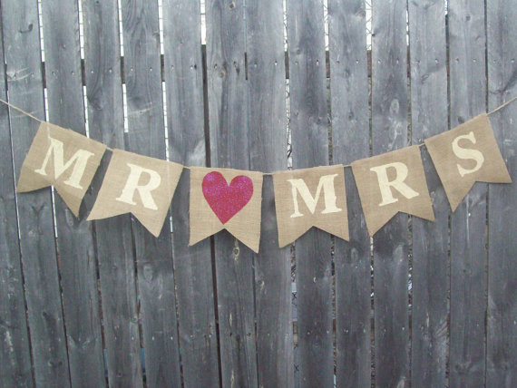 Wedding - Rustic Burlap Mr and Mrs Banner Bunting Photo Prop Sign Garland Country Chic Wedding Reception