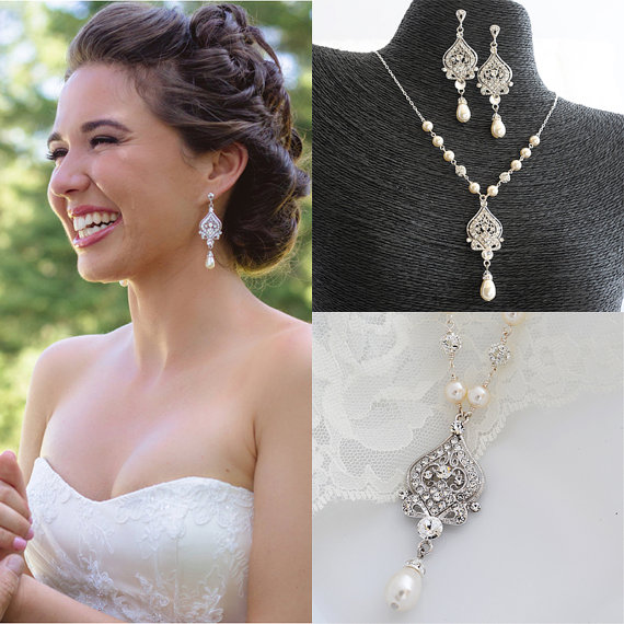 Hochzeit - GRACE, Bridal Necklace, Wedding Jewelry SET, Wedding Earrings, Vintage Style Bridal Jewelry, Swarovski Pearl Crystal Sterling Silver Jewelry