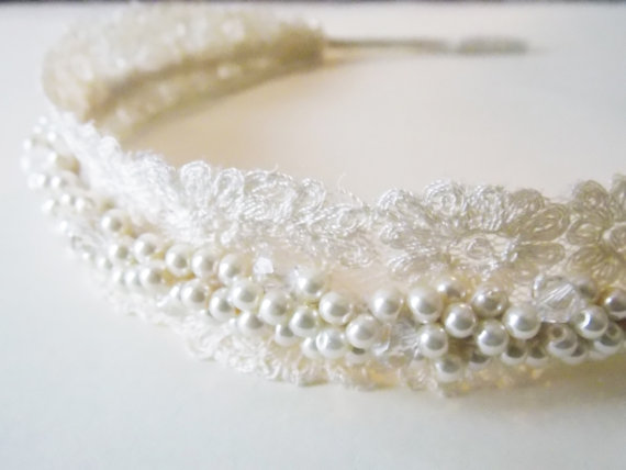 Wedding - Ivory Bridal Headband Romantic Lace Pearls Headpiece for Brides Wedding Hair Band Pearl Hair Accessory Wedding Head Piece Vintage Style