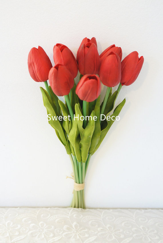 زفاف - JennysFlowerShop Latex Real Touch 13'' Artificial Tulip 10 Stems Flower Bouquet for Home/Wedding Small Size Tulip Red