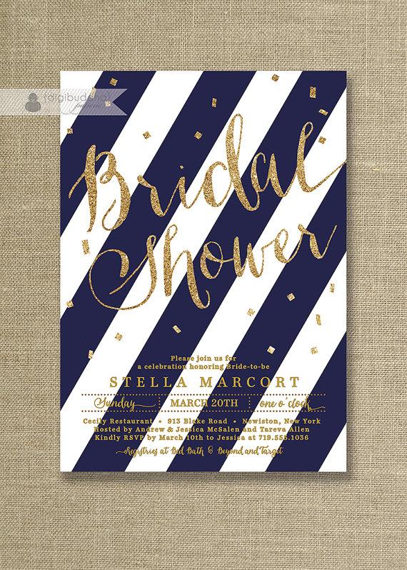 Mariage - Navy Blue & Gold Glitter Bridal Shower Invitation Stripes Confetti Sprinkle Modern FREE PRIORITY SHIPPING or DiY Printable - Stella