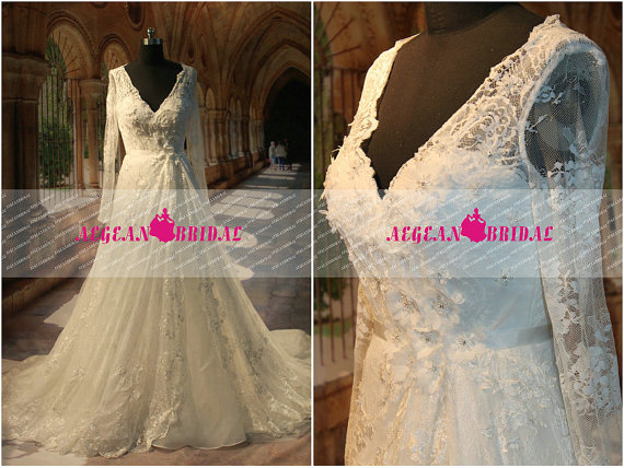 Wedding - RW366 Lace Wedding Dress Pearls Belt A-Line Bridal Dress Puffy Long Bridal Gown Chapel Train Zipper Back Long Sleeve Beaded Wedding Gown