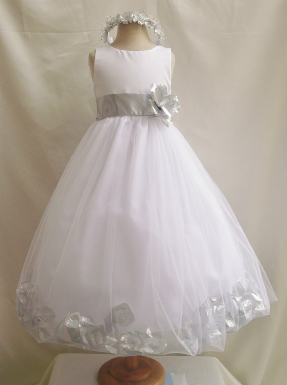 Mariage - Flower Girl Dresses - WHITE with Silver Rose Petal Dress (FD0PT) - Wedding Easter Bridesmaid - For Baby Children Toddler Teen Girls
