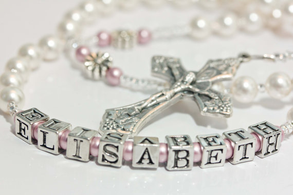 Wedding - Personalized First Communion Rosary in White & Pink Pearl