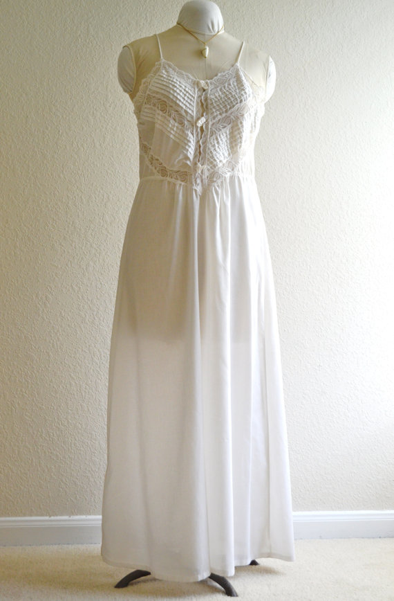 Mariage - ON SALE Laced, Frilled and Shabby Chic White Spaghetti String Peignoir Vintage Nightgown