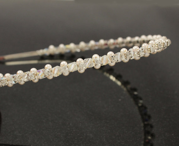 Hochzeit - Sale 25 %off Bridal Swarovski Pearl Crystal Tiara / Headband Wedding hair accessories head band bridesmaids flower girl prom Ivory Silver