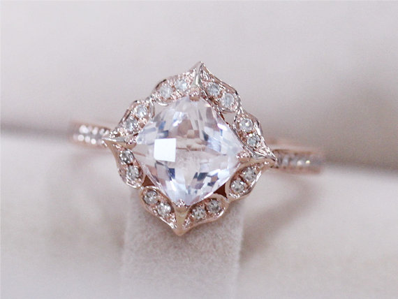 Свадьба - VS 7mm Cushion Cut Morganite Ring 14K Rose Gold Morganite Ring Morganite Wedding Ring Diamond Engagement Ring Anniversary Ring