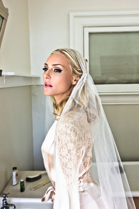 Mariage - Crystal Juliet Cap Veil Wedding Veil, Vintage Veil, Long Veil, Rhinestone Edge Veil, 1920s Bridal Accessories, Gatsby Art Deco Veil  #1209