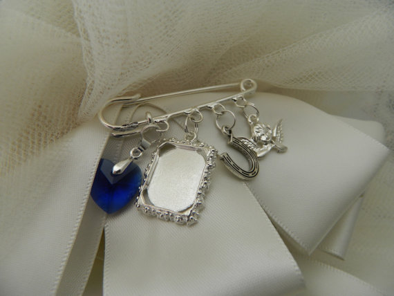 Hochzeit - Wedding Keepsake photo  charm pin -DIY- Brooch-Brides-Bouquet charm-- Horseshoe-Angel -Royal Blue Crystal-Photo Charm- Something Blue -Boxed