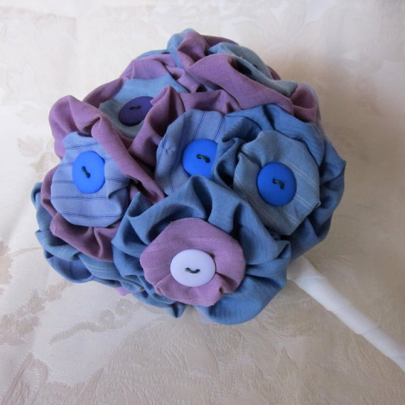 Mariage - Blue Purple Upcycled  Hand Dyed Fabric Flower Eco Wedding Bouquet