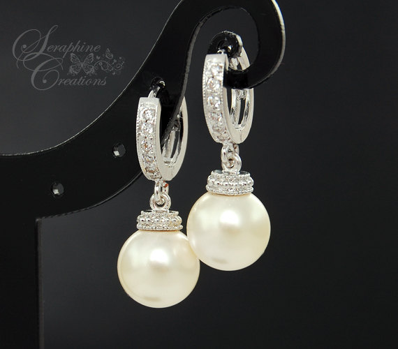 Свадьба - Bridal Pearl Earrings Wedding Jewelry Swarovski Pearls Cubic Zirconia Drop Bridesmaid Gift White Ivory/Cream Round Dangle