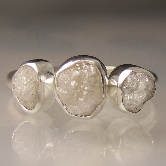 Wedding - Silver or White Raw Diamond Engagement Ring - Three Stone Diamond Ring Custom- Recycled Palladium Sterling
