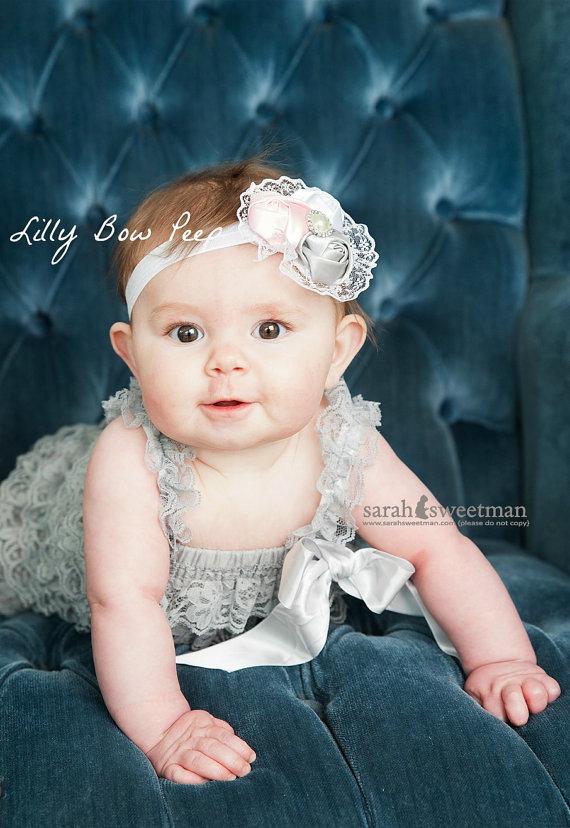 Wedding - Christmas Outfit-Baby Girl Clothes-Newborn Clothing-Gray Lace Pettie Romper-Baby Headband-Flower Girl Outfit-Baptism-Wedding-Confirmation