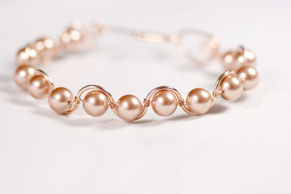 Wedding - Rose Gold Pearl Bracelet Wire Wrapped Jewelry Handmade Rose Gold Bracelet Bridal Pearl Bracelet Rose Gold Jewelry Bridal Pearl Jewelry