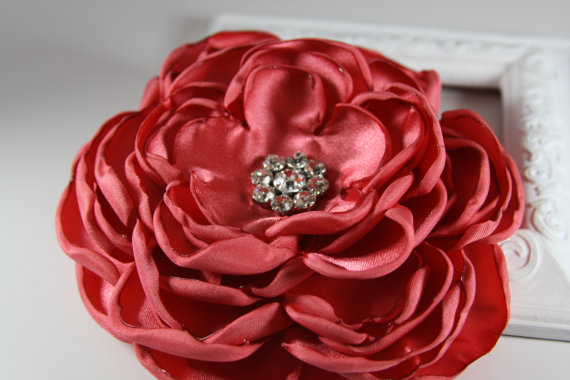 Mariage - Wedding Satin Flower Pin in Coral with Crystals