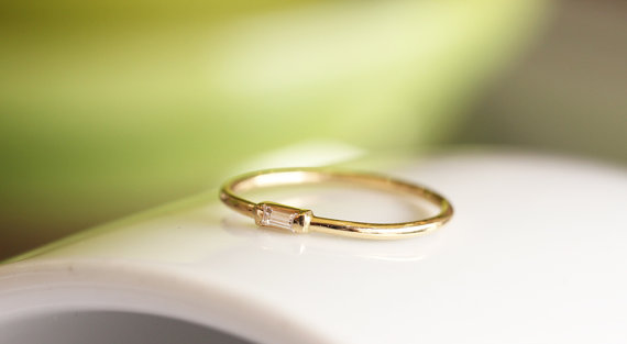Wedding - 14K Solid Gold Thin Band With Baguette Diamond,Simple Diamond Engagement Ring,Gold Dainty Stacking Ring