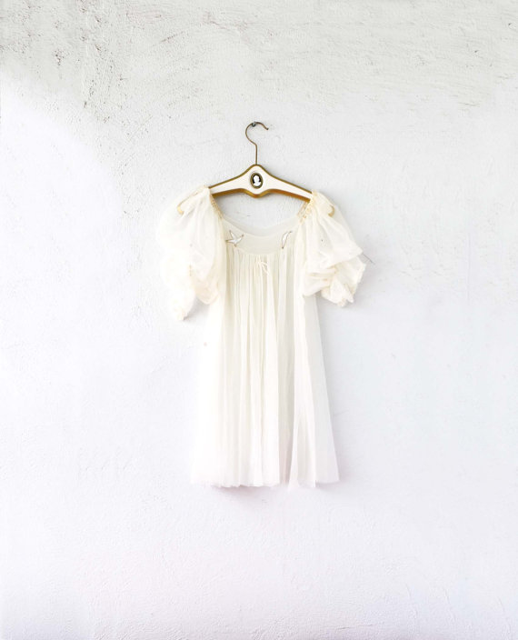 Hochzeit - Vintage 60s 70s Sheer Swing Star Ruffle Trapeze Dress // Boho White Angel Lingerie Short Mini Tunic