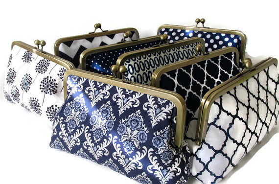 Hochzeit - Clutch for Bridesmaid - Navy and White - Wedding Party Gift - You Design Customize Your Cutiegirlie clutch with your choice of fabrics
