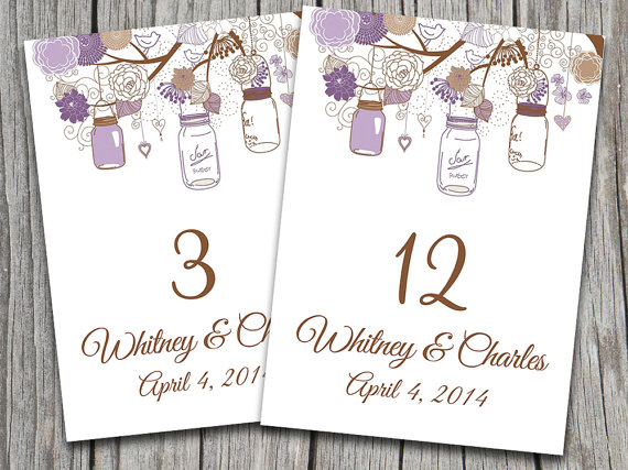 Mariage - Wedding Table Number Microsoft Word Template - Love Bird Flower Heart Tree - Lavender Purple Chocolate Brown - Mason Jar Table Number