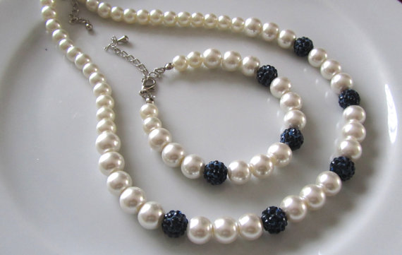 زفاف - Ivory bridal jewelry set  with  pearls and crystal rhinestone navy blue shamballa beads