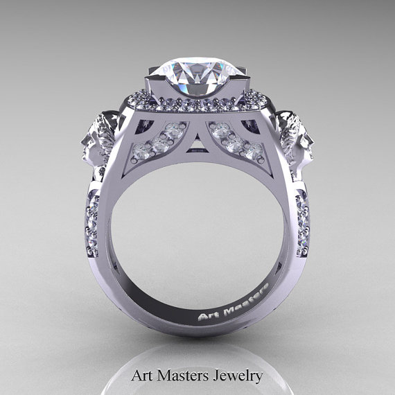 Hochzeit - Anahit - Goddess of Healing 14K White Gold 3.0 Ct White Sapphire Diamond Signet Engagement Ring R670-14KWGDWS