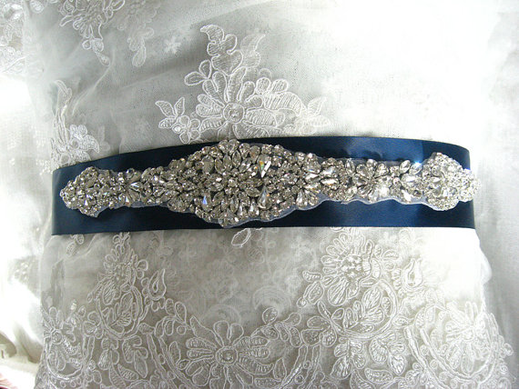 زفاف - rhinestone bridal sash, crystal bridal sash, navy blue wedding sash, bridal belt, wedding belt, CHLOE rhinestone beaded bridal sash