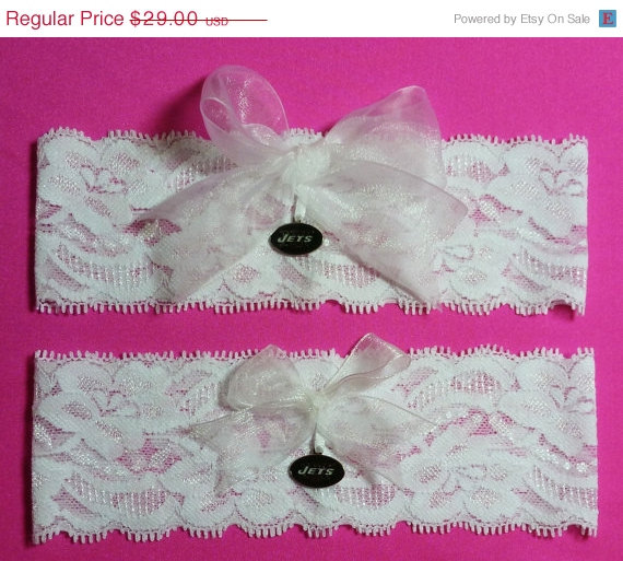 Mariage - ON SALE White Lace Handmade Wedding Garter Set with New York Jets charm