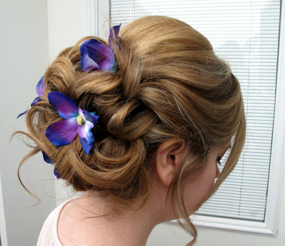 زفاف - Wedding hair accessories Blue purple dendrobium orchid bobby pins set of 4 Bridal hair flowers