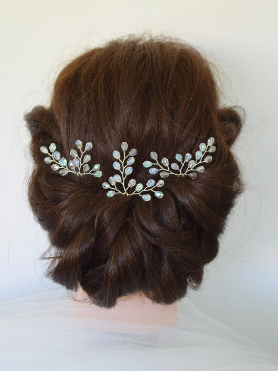 Свадьба - Crystal Hair Pins, Bridal Hair Accessories, Bridal Hair Pins, Formal Hair Pins, Wedding Hair Pins, Grecian Fern Leaf Hair Pins, Set of 3
