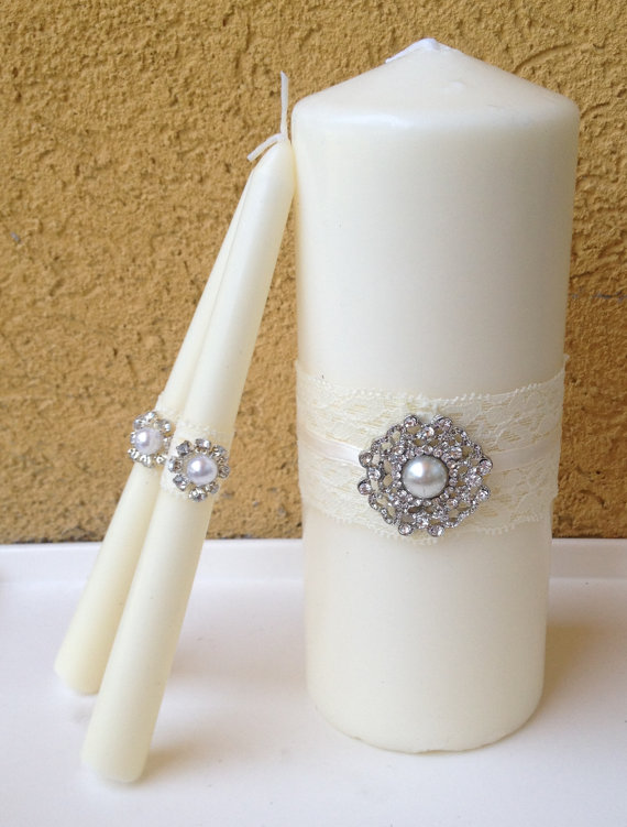 Wedding - Ivory Unity candles wedding colors- Pearl and rhinestone diamonds. white unity candle set with lace and bling, set of three unity candles