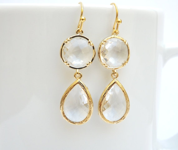 Hochzeit - Crystal Clear Gold Earrings, Gold Dangle Earrings, Crystal Earrings, Drop Earrings.Bridal,Bridesmaids Jewelry,Bridesmaids Earrings, Wedding