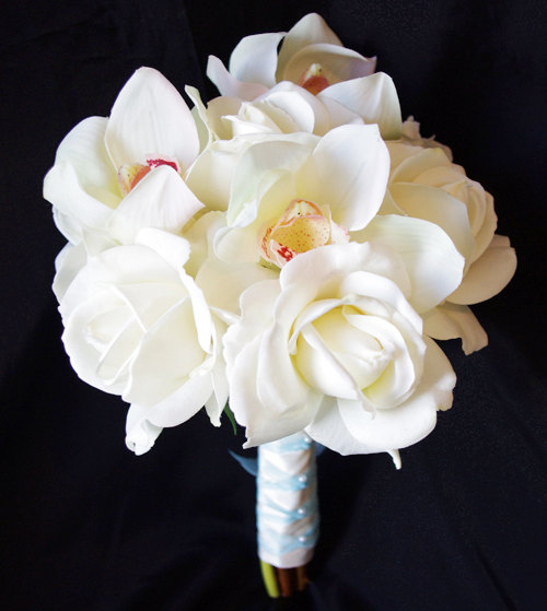 Wedding - Silk Wedding Bouquet with Off White Roses and Orchids - Natural Touch Silk Flower Bride Bouquet - Almost Fresh