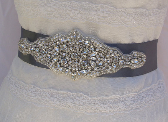 Hochzeit - Bridal Sash, Wedding Sash in Charcoal Grey with Rhinestones and Pearls, Bridal Belt, Wedding Dress Sash