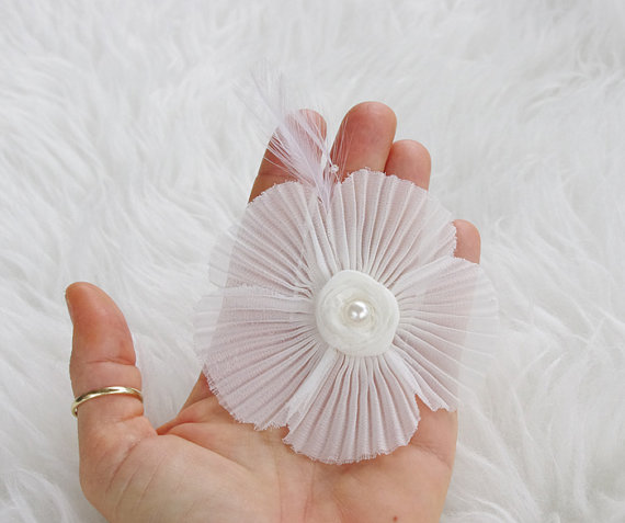 Wedding - Off White Pleated Oranza Silk Flower, Pearl and Feathers Chic Wedding Sash Belt Clip or Hair Flower