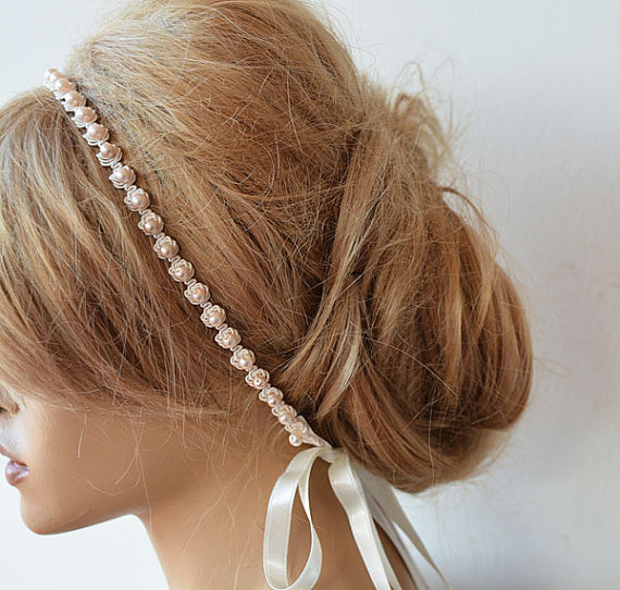 زفاف - Wedding Pearl  headband, Pearl  Bridal headband,  For Weddings with Pink  Pearl, bridal hair accessory, Bridesmaid , Flower Girl Headband