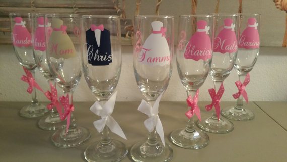 Hochzeit - Bride bridesmaids name over the dress sash personalized champagne flute toasting glasses bachelorette wedding gift choose your colors