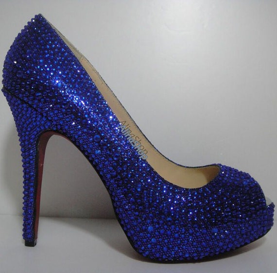 زفاف - royal blue Wedding Shoes sparkle bridal shoes heels open toe prom shoes bridal heels wedding shoes heels custom crystals color shoes heels